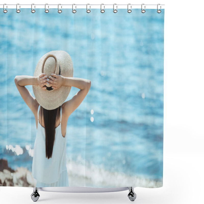 Personality  Rear View Of Woman In White Dress And Straw Hat Standing In Front Of Sea  Shower Curtains