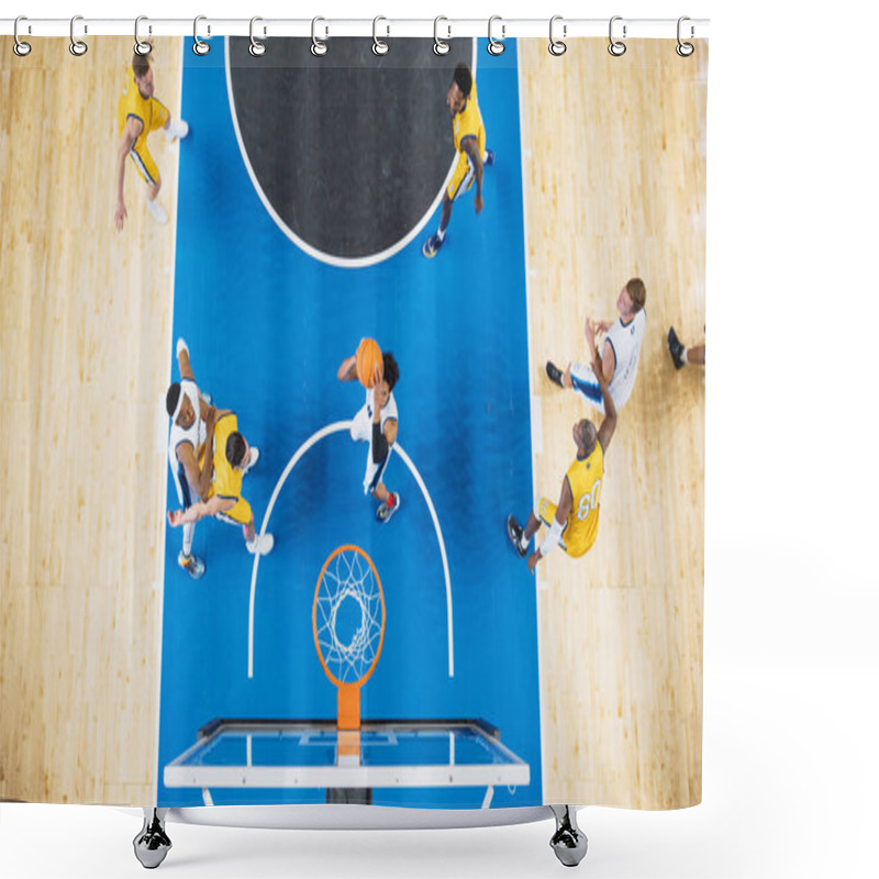 Personality  Top Down View Of A Talented Basketball Player Jumping To Score Striking Slam Dunk Goal. Shot Of Two International Teams Playing Basketball Match At A Shower Curtains