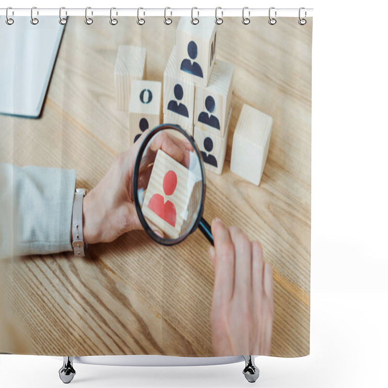 Personality  Cropped View Of Woman Holding Magnifier Near Wooden Cube  Shower Curtains