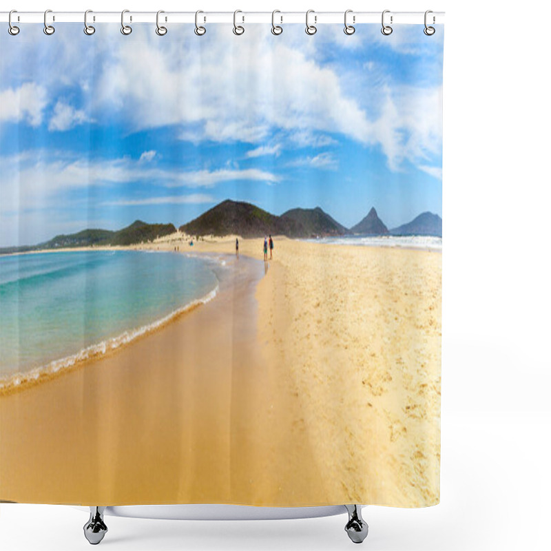 Personality  People Walking On The Beach Towards Fingal Island At Fingal Bay, NSW, Australia Shower Curtains