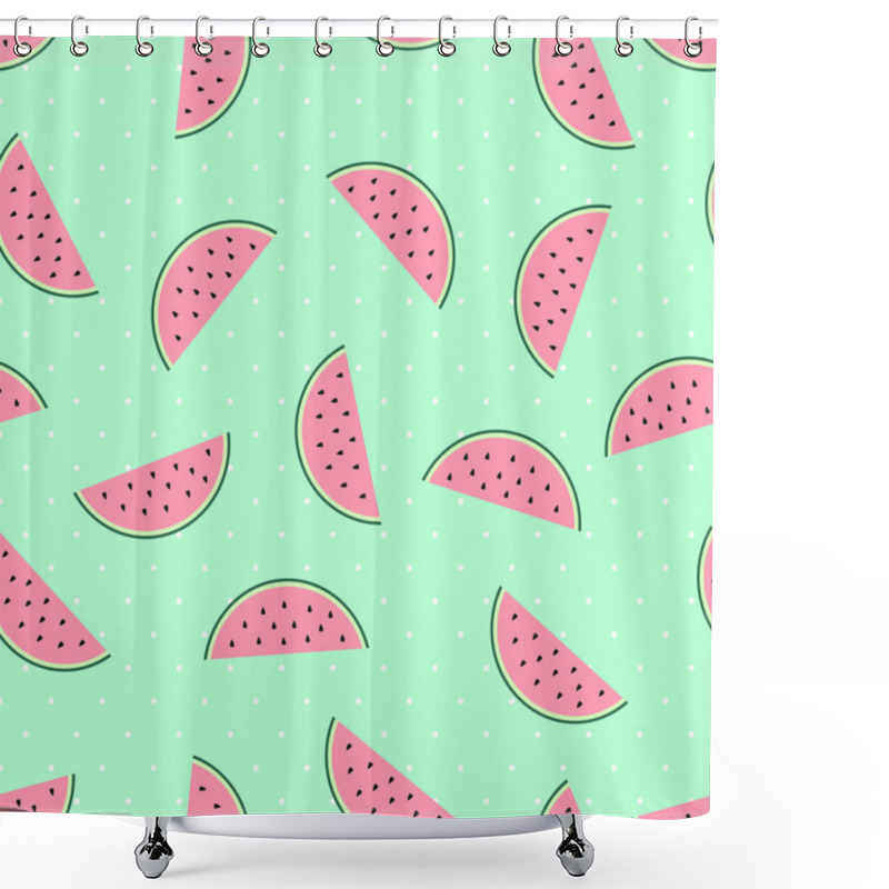 Personality  Watermelon Slices Seamless Pattern On Mint Green Polka Dots Background. Shower Curtains