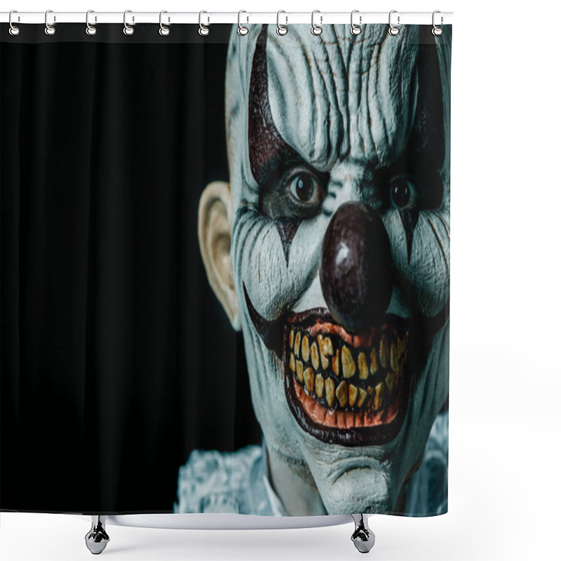 Personality  A Creepy Bald Evil Clown Stares At The Observer, Against A Black Background With Some Blank Space On The Left Shower Curtains