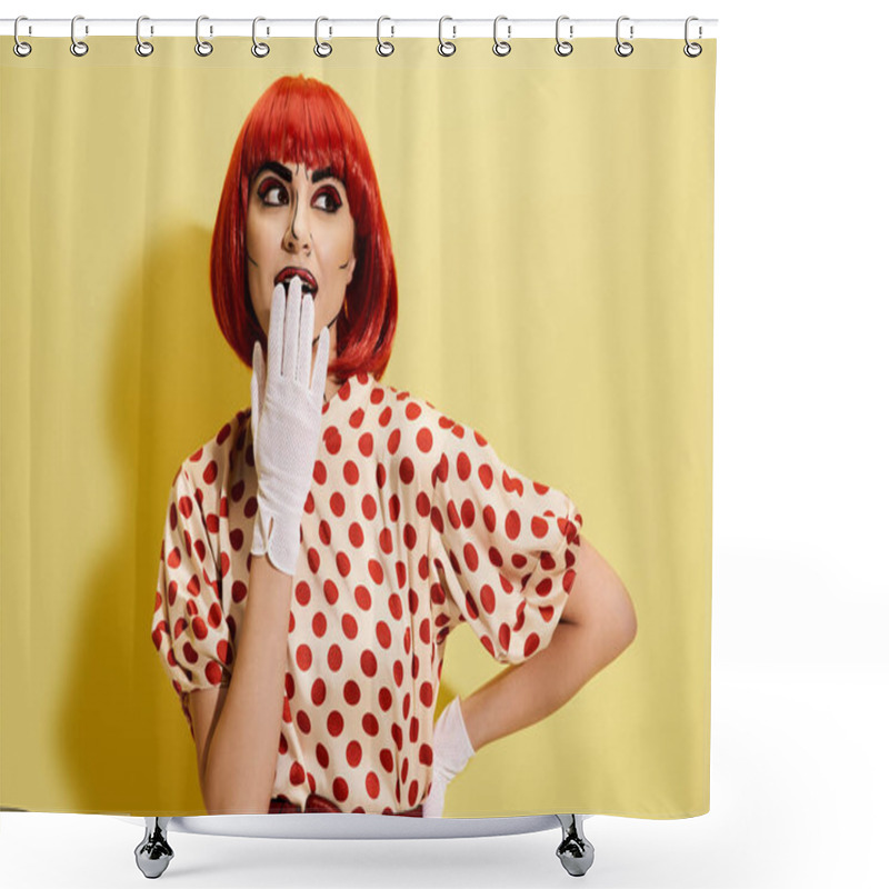 Personality  A Stunning Redhead Adorned In Polka Dot Attire And White Gloves Against A Vibrant Yellow Backdrop Inspired By Comic Book Characters. Shower Curtains