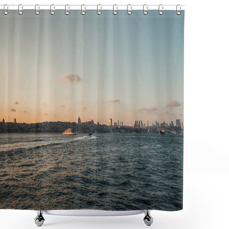 Personality  Yacht In Sea With Coast And Sunset Sky At Background, Istanbul, Turkey  Shower Curtains