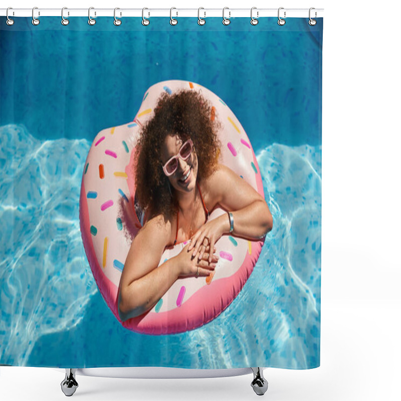 Personality  A Woman With Curly Hair Relaxes In A Pool On A Pink Donut Float, Wearing Sunglasses And A Swimsuit. Shower Curtains