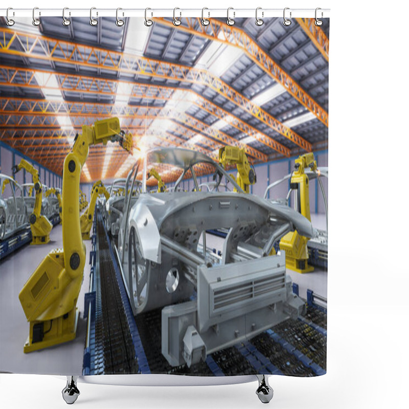 Personality  Automation Aumobile Factory Concept With 3d Rendering Robot Assembly Line In Car Factory Shower Curtains