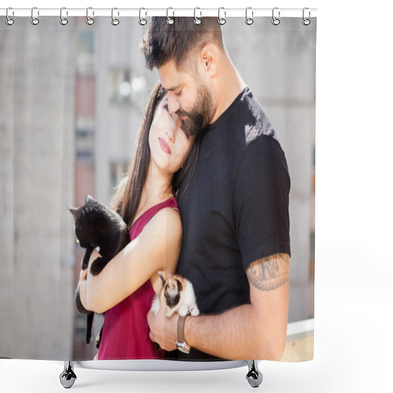 Personality  Young Couple Holding Cats In Hands On The Terrace Shower Curtains