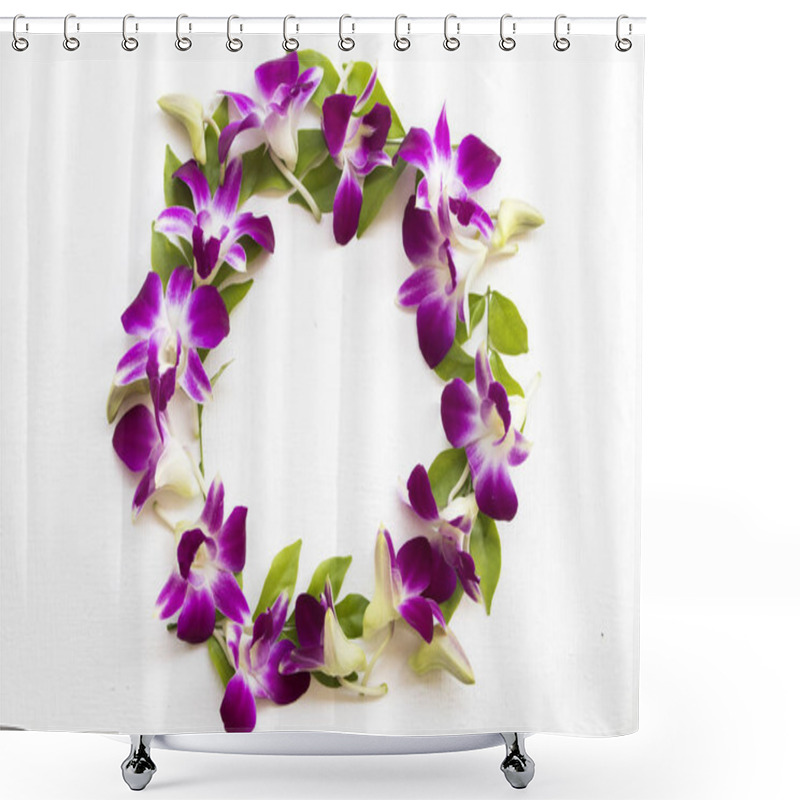 Personality  Purple Flowers Orchids Arrangement Flat Lay Postcard Circle Style On Background White Wooden Shower Curtains