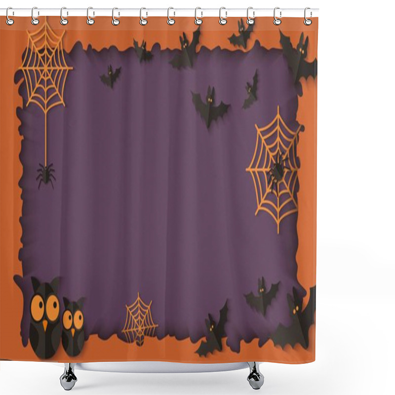 Personality  Paper Cut Layers In Halloween Frame With Owls And Spiders Vector Illustration. Shower Curtains