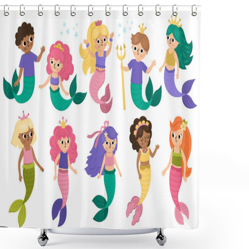 Personality  Vector Mermaids Set. Underwater Kingdom Collection With Ocean Princess, Prince. Cartoon Marine Fairytale Characters For Kids. Water Adventures Clipart With Sirens And Merme Shower Curtains