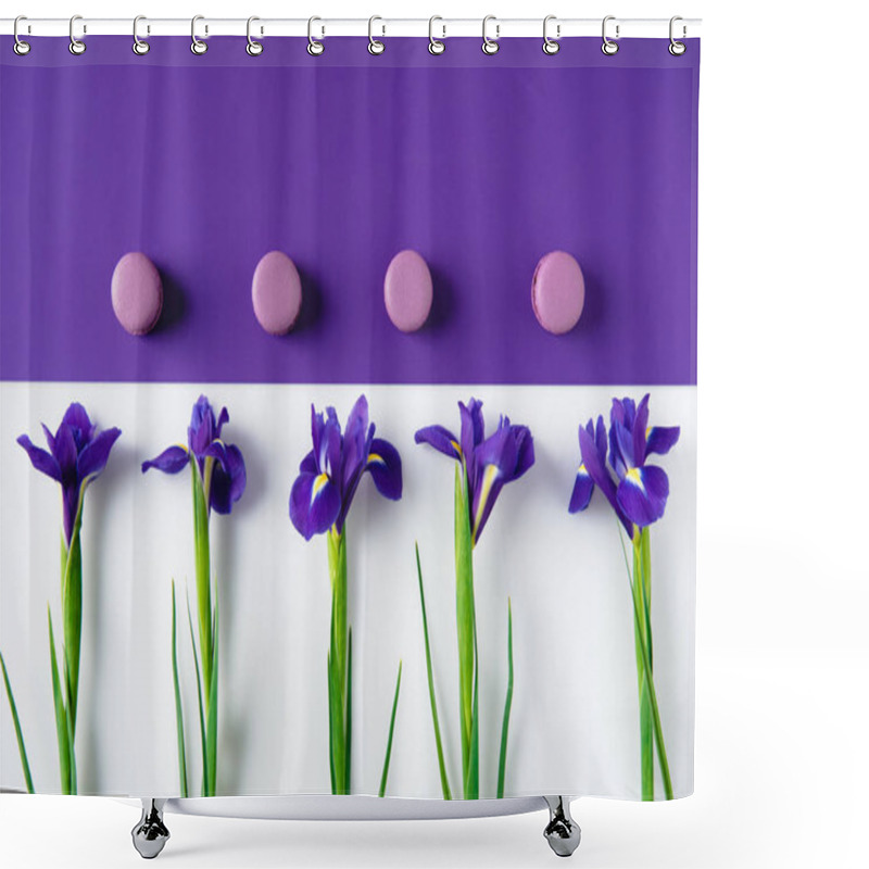 Personality  Top View Of Iris Flowers With Macaron Cookies On Purple And White Surface Shower Curtains