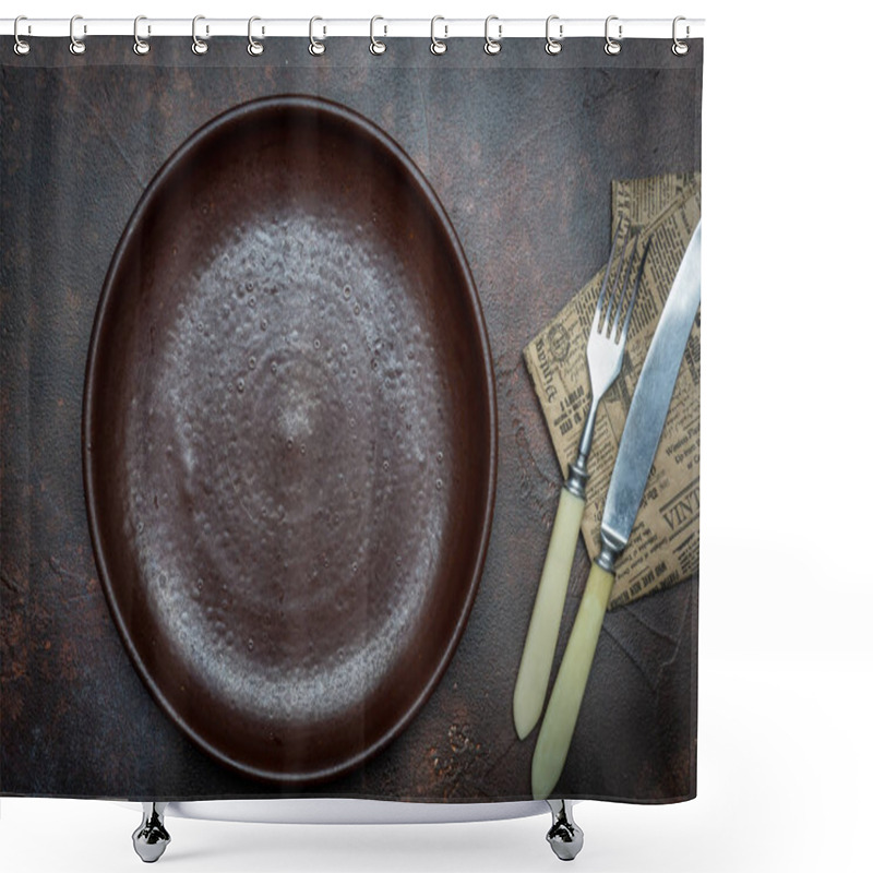 Personality  Empty Brown Plate (ceramic) On A Dark Background With A Knife And Fork. Copy Space. Shower Curtains