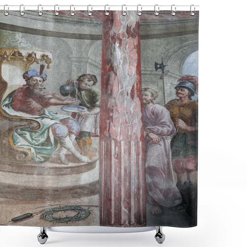 Personality  Jesus Condemned To Death, Pontius Pilate Washed His Hands, Fresco On The Ceiling Of The Saint John The Baptist Church In Zagreb, Croatia Shower Curtains