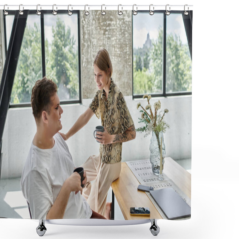 Personality  Relaxing Moments Shared Between Two Friends In A Cozy Living Space. Shower Curtains