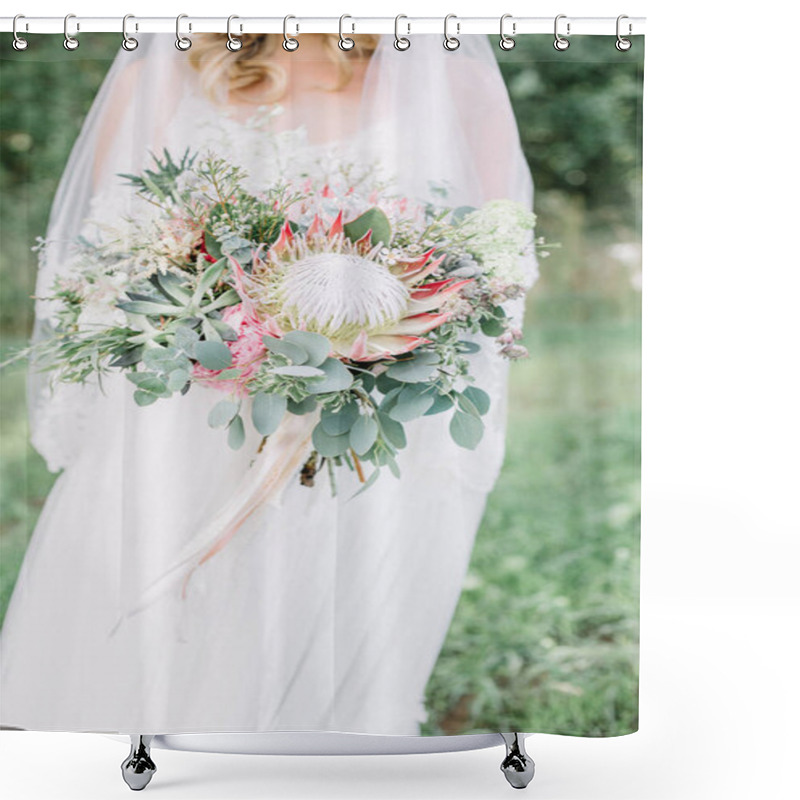 Personality  Beauty Wedding Bouquet Of Protea Flowers, Succulents And Eucalyptus Branches In Bride's Hands. Shower Curtains