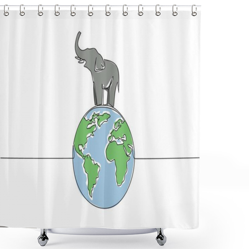 Personality  Continuous One Line Drawing Globe With Elephant On Top. Stop Poaching Ivory As Souvenirs. Irresponsible Action. Comfortable Habitat. World Wildlife Day. Single Line Draw Design Vector Illustration Shower Curtains