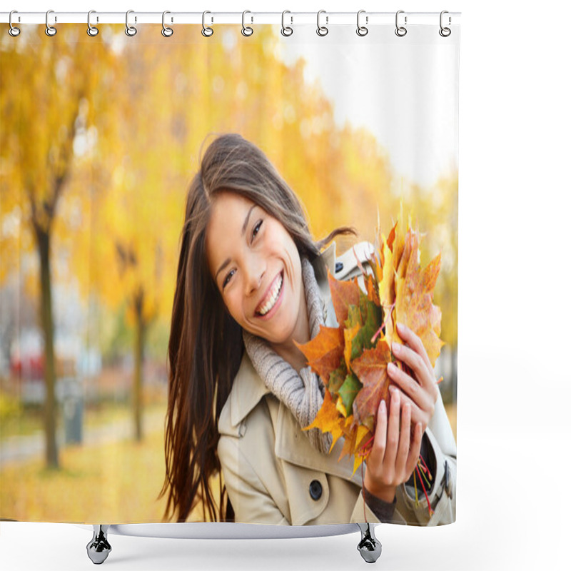 Personality  Fall Woman Playing With Leaves Shower Curtains