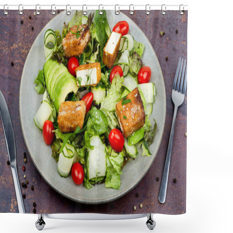 Personality  Homemade Lettuce Salad With Cucumber, Avocado And Fried Tofu Soy Cheese. Healthy Lifestyle Shower Curtains