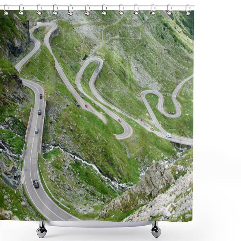 Personality  Cars Driving Popular Among Tourists Beautiful Winding Transfagarashan Road In Romania. Green Grassy Path Route Rocky Trees Mountain Hill Slope Highway Attraction Nature Landscape View Shower Curtains