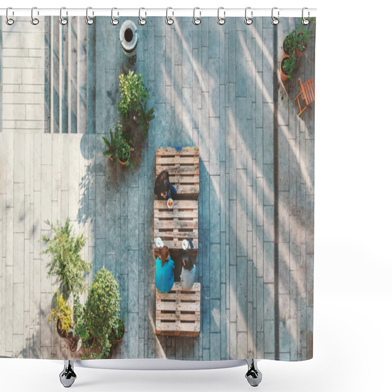 Personality  People Hanging Out In The Garden, Sitting On The Pallets Eating Cakes. View From Above. Concept Shower Curtains