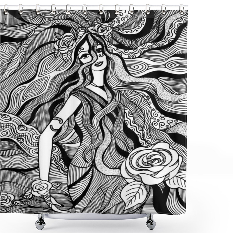 Personality  Vector Hand Drawn Girl With Flowers Shower Curtains