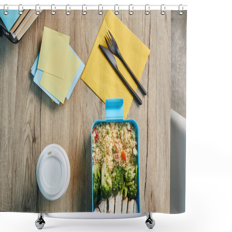 Personality  Top View Of Workplace With Sticky Notes And Healthy Delicious Lunch With Risotto And Chicken On Wooden Table Shower Curtains