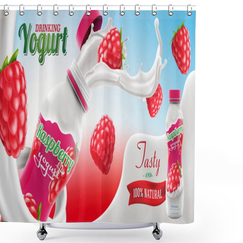 Personality  Drinking Yogurt Ads With Natural Raspberry Taste And Flavor With Splashing Milk Swirl Commercial Vector Mock-up Hyperrealistic Illustration Shower Curtains