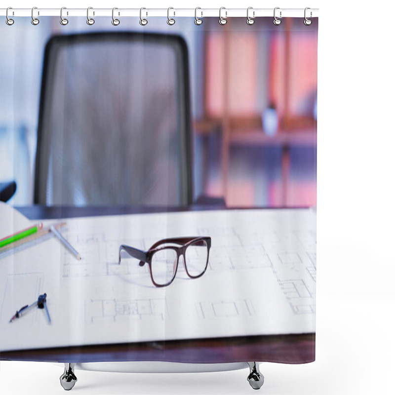 Personality  Selective Focus Of Eyeglasses And Blueprint On Desk In Architectural Agency, Blurred Background Shower Curtains