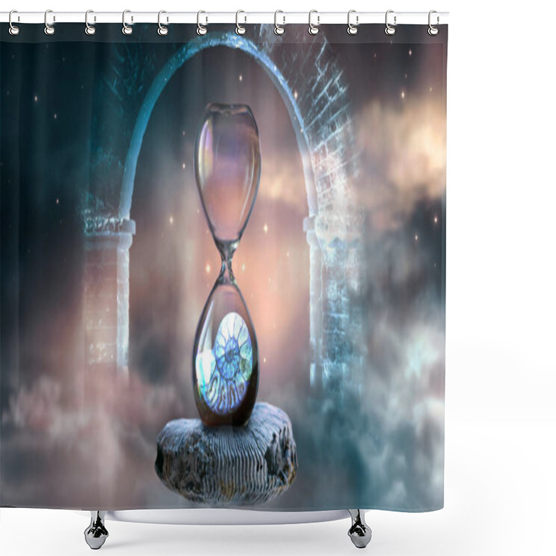 Personality  Hourglass Hovering In Space With Ammonite Inside Clock That Standing On Ancient Fossil Against Starry Cloudy Sky And Ghost Arch. Symbol Of Eternity, Extinction And Evolution, Time Is Over Concept. Shower Curtains