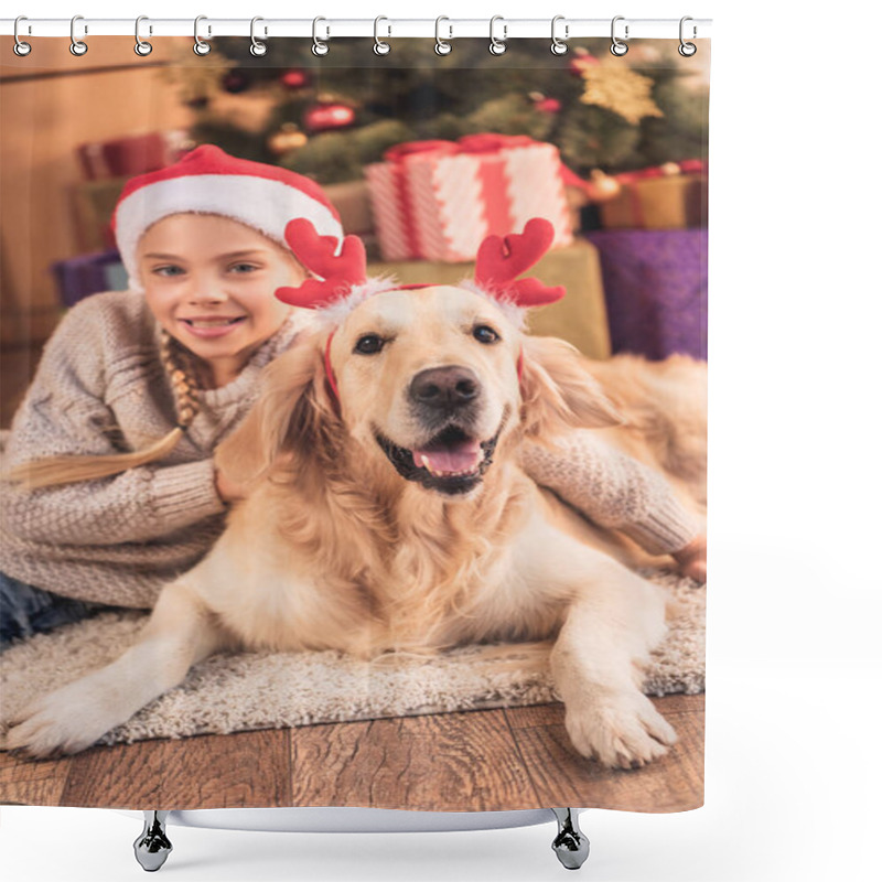 Personality  Smiling Child In Santa Hat And Golden Retriever Dog With Deer Horns Lying Near Christmas Presents Shower Curtains