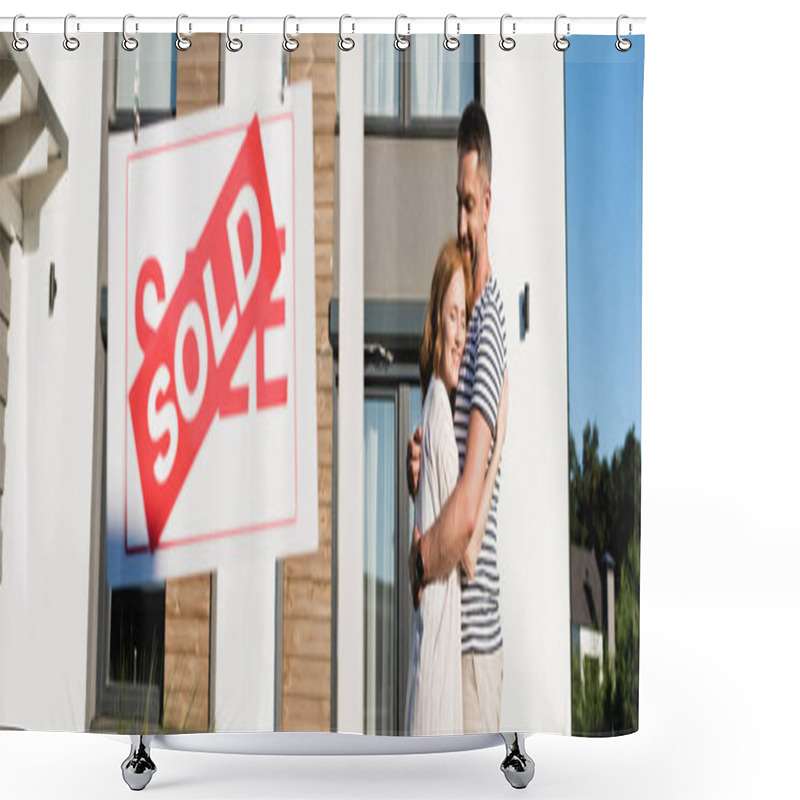 Personality  Smiling Couple Embracing While Standing Near Sign With Sold Lettering On Blurred Foreground, Banner Shower Curtains