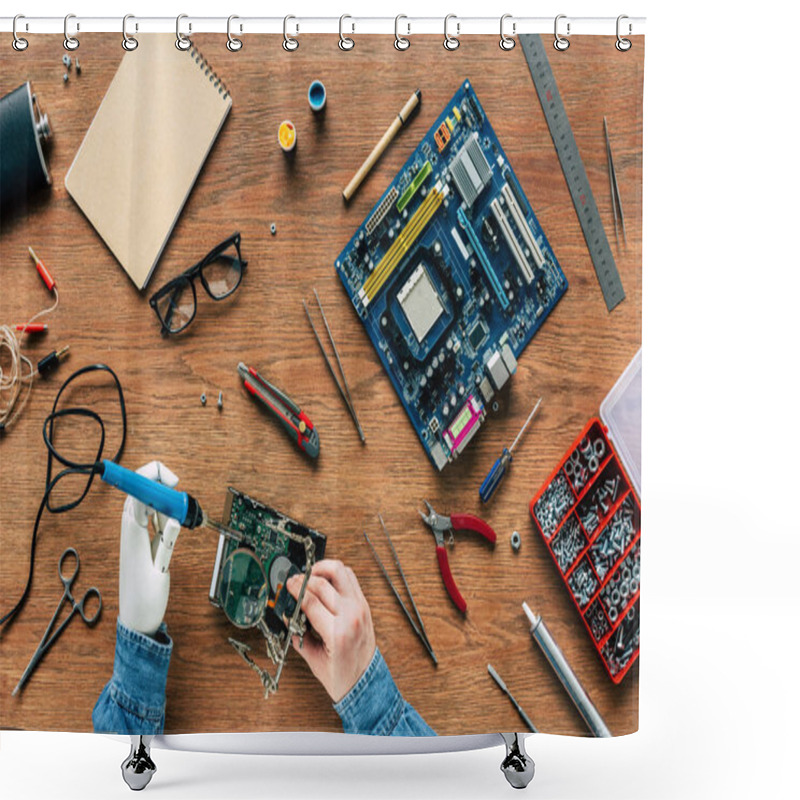 Personality  Cropped Image Of Man With Prosthetic Arm Repairing Hard Drive By Soldering Iron Shower Curtains