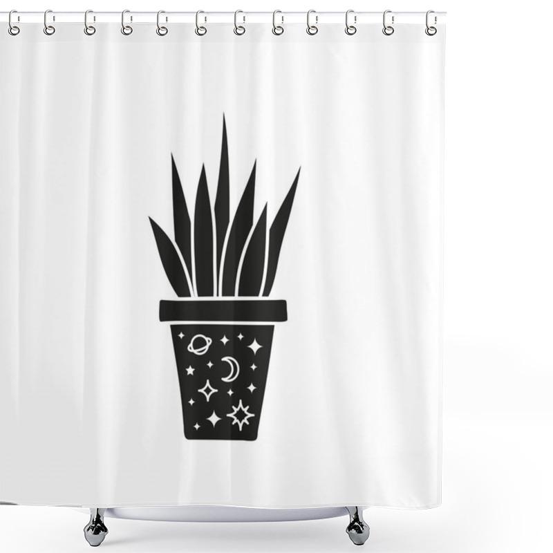 Personality  Black Celestial House Plant In Pot With Moon, Planet And Stars Isolated On White Background. Boho Home Interior Decor. Minimalist Home Flower. Shower Curtains