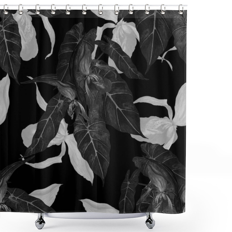 Personality  Watercolor Seamless Patern With Tropical Orchid Flowers. Exotic Floral Print. Black White Spring Or Summer Nature Background. Shower Curtains