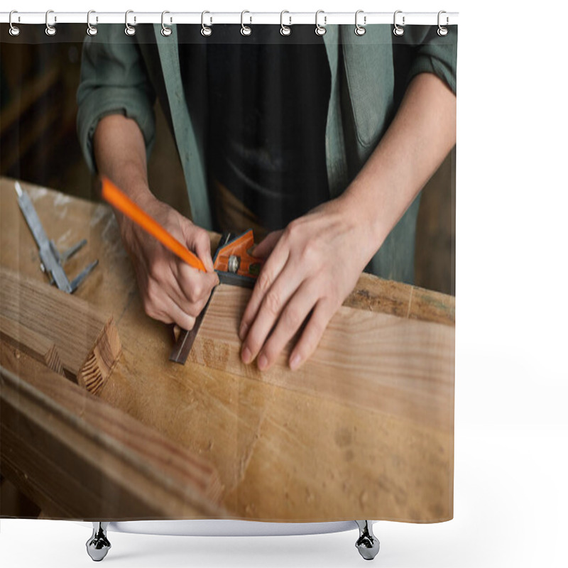 Personality  A Skilled Female Carpenter Focuses On Precision, Measuring And Marking Wood Carefully In Her Workspace. Shower Curtains