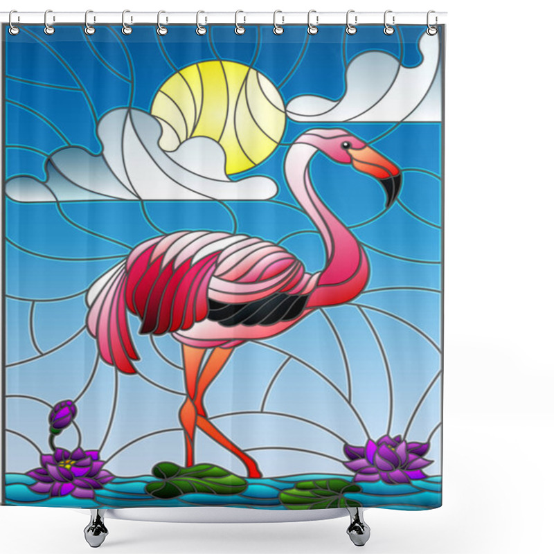 Personality  Illustration In Stained Glass Style With Flamingo , Lotus Flowers And Reeds On A Pond In The Sun, Sky And Clouds Shower Curtains