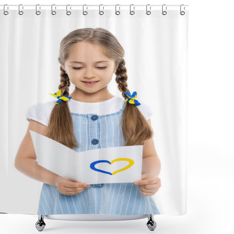 Personality  Girl With Blue And Yellow Ribbons On Braids Reading Card With Heart Sign Isolated On White Shower Curtains