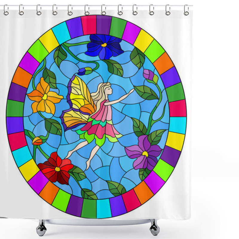 Personality  Illustration In Stained Glass Style With A Winged Fairy In The Sky,bright  Flowers And Greenery,oval Image In Bright Frame Shower Curtains