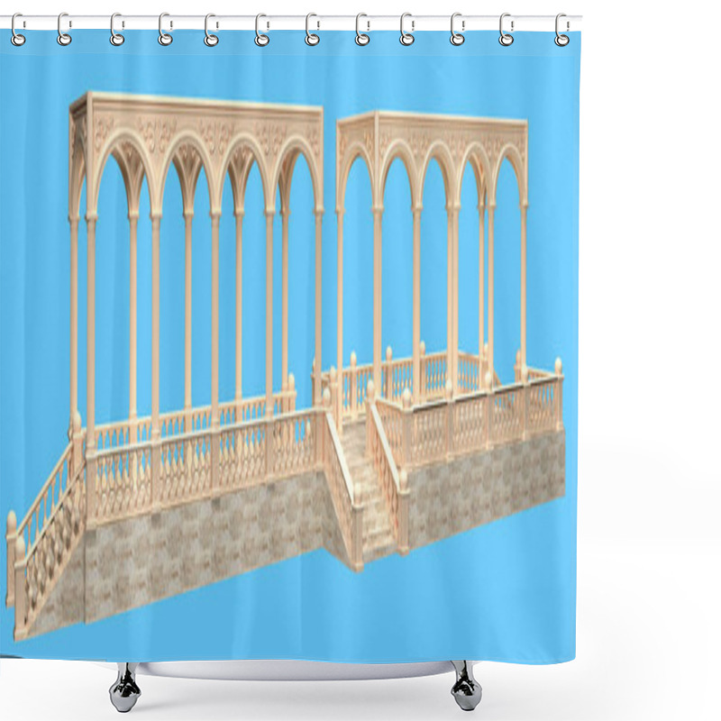 Personality  Balcony In Roman Architectural Style With Balustrade And Portico Passage, Columns, Arches And Stucco 3D Rendering Shower Curtains