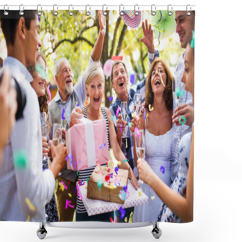 Personality  Family Celebration Or A Garden Party Outside In The Backyard. Shower Curtains