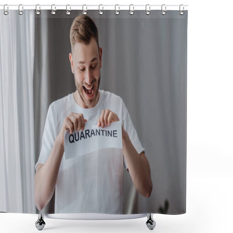 Personality  Excited Man Ripping Paper With Quarantine Lettering  Shower Curtains