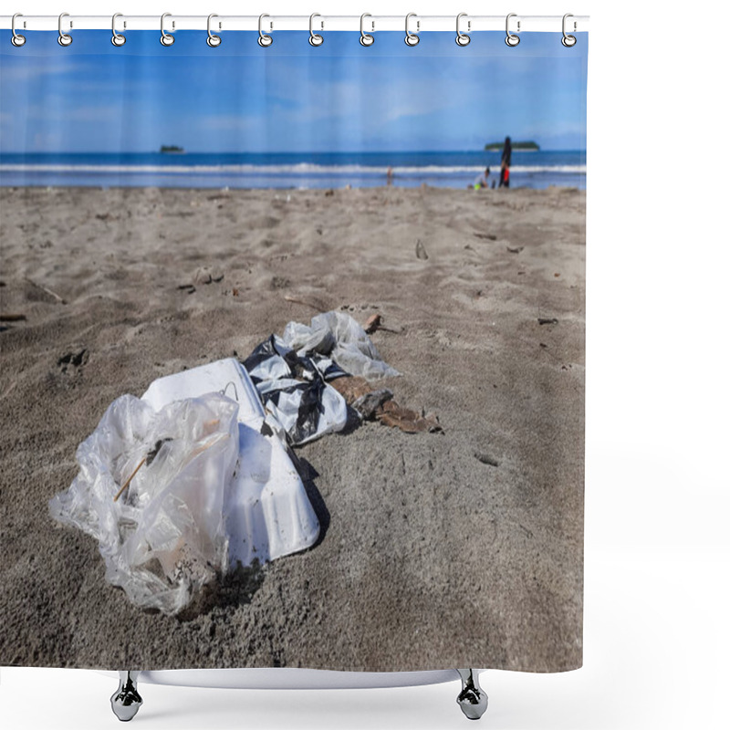 Personality  Discarded Plastic Bags And Styrofoam Littering The Sandy Beach In Pariaman, Indonesia. Highlights The Issue Of Coastal Pollution And Environmental Degradation Shower Curtains