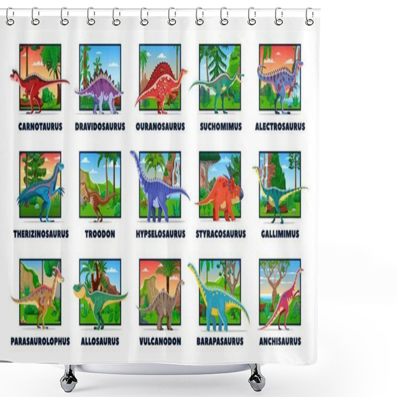 Personality  Prehistoric Dinosaur Characters And Cartoon Jurassic Lizards Collection, Vector Funny Dino Species. Prehistoric Dinosaurs And Giant Reptiles With Name, Jurassic Or Cretaceous Era Dino Lizards For Kids Shower Curtains