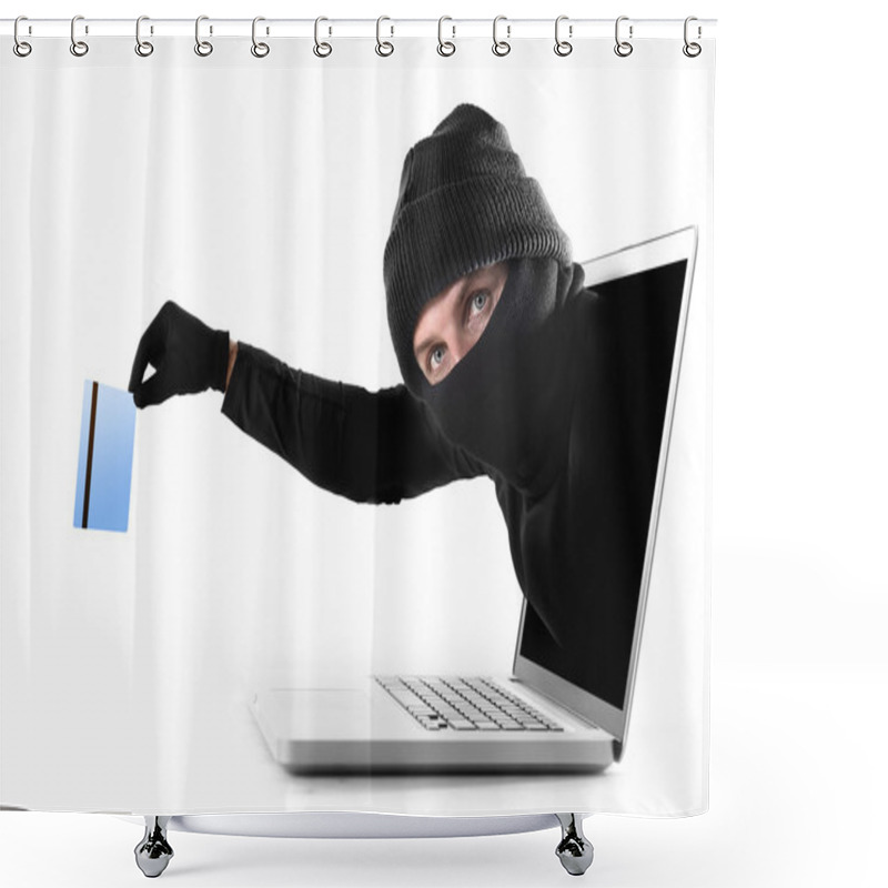 Personality  Cyber Criminal Out Of Computer Grabbing And Stealing Credit Card Cyber Crime Concept Shower Curtains