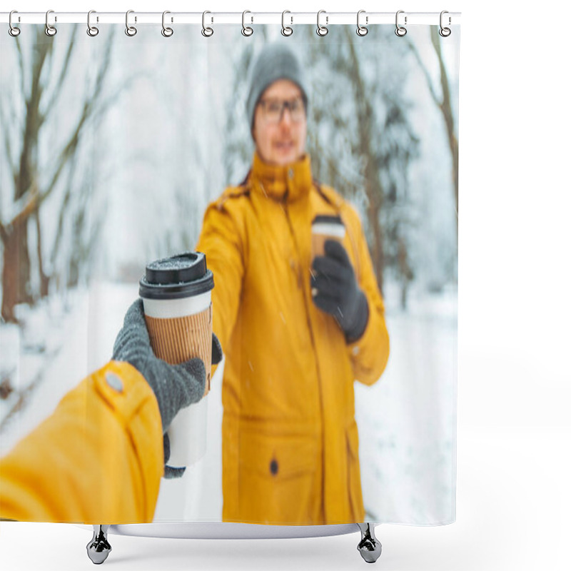 Personality  Man Bring Coffee To Go For Friends In Snowed City Park. Winter Season Shower Curtains