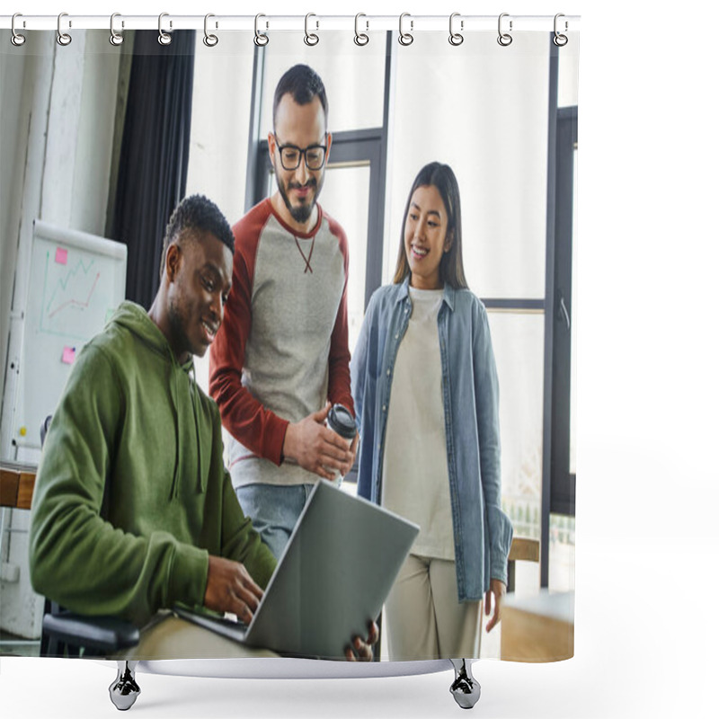 Personality  Smiling African American Businessman Working On Laptop Near Asian Woman And Bearded Colleague With Eyeglasses And Coffee To Go In Modern Office, Successful Youth  Shower Curtains