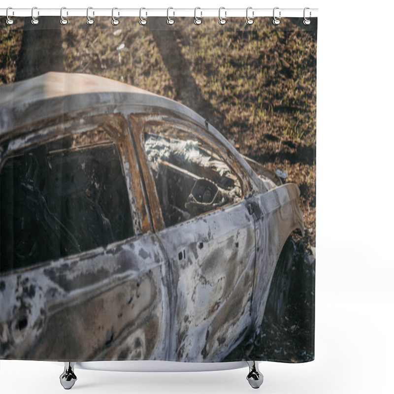 Personality  Borodyanka, Kyiv Region, Ukraine. April 08, 2022: Twisted Wreckage Of Car Being Destroyed By Russian Army  Shower Curtains