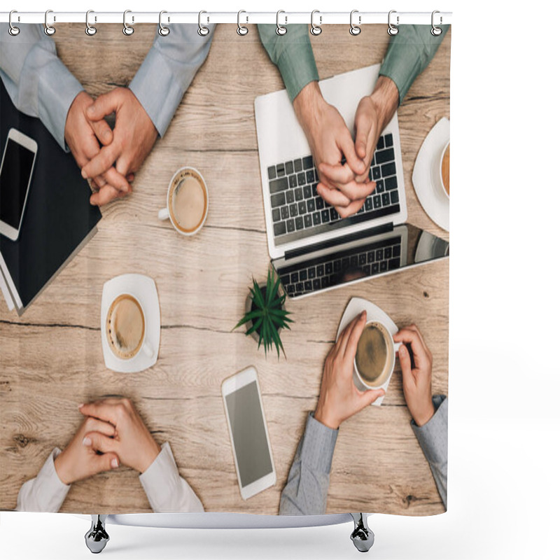 Personality  Top View Of Business People Drinking Coffee With Laptop, Smartphones And Documents On Table Shower Curtains