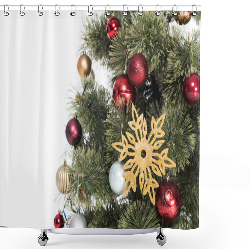 Personality  Close Up View Of Decorative Toys On Christmas Tree Isolated On White Shower Curtains