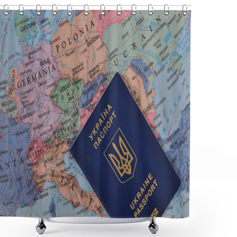 Personality  Ukrainian International Passport And World Map Refugee Concept . High Quality Photo Shower Curtains